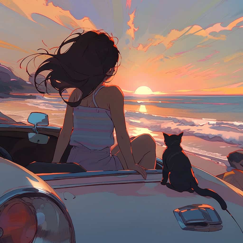 男孩女孩和猫动漫情侣头像 人和宠物Ai绘画头像_4