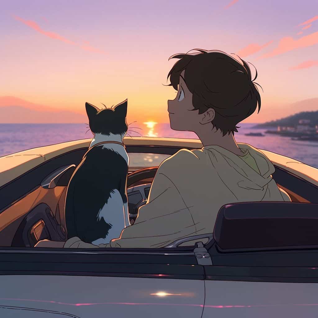 男孩女孩和猫动漫情侣头像 人和宠物Ai绘画头像_10