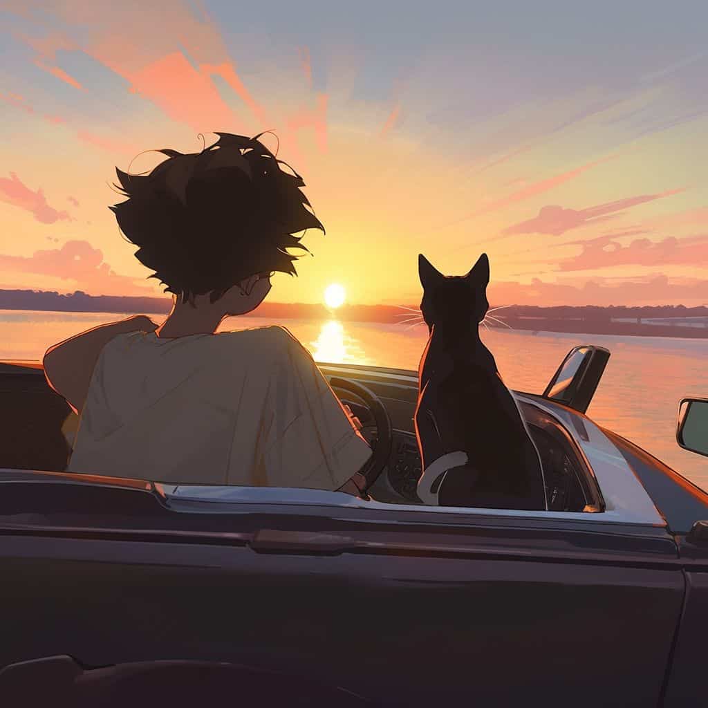 男孩女孩和猫动漫情侣头像 人和宠物Ai绘画头像_12