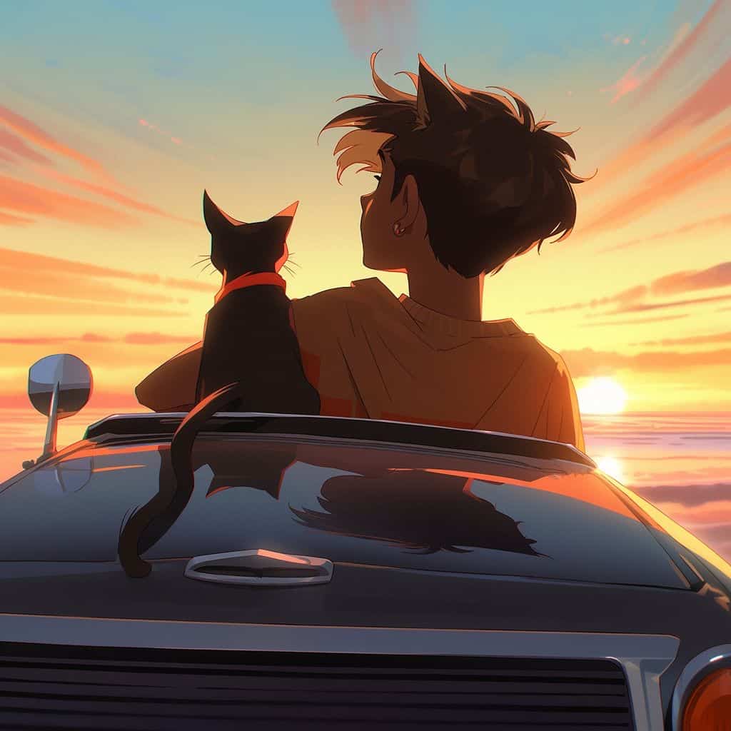 男孩女孩和猫动漫情侣头像 人和宠物Ai绘画头像_16