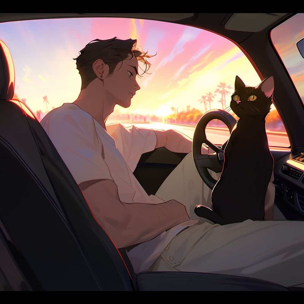 男孩女孩和猫动漫情侣头像 人和宠物Ai绘画头像_18