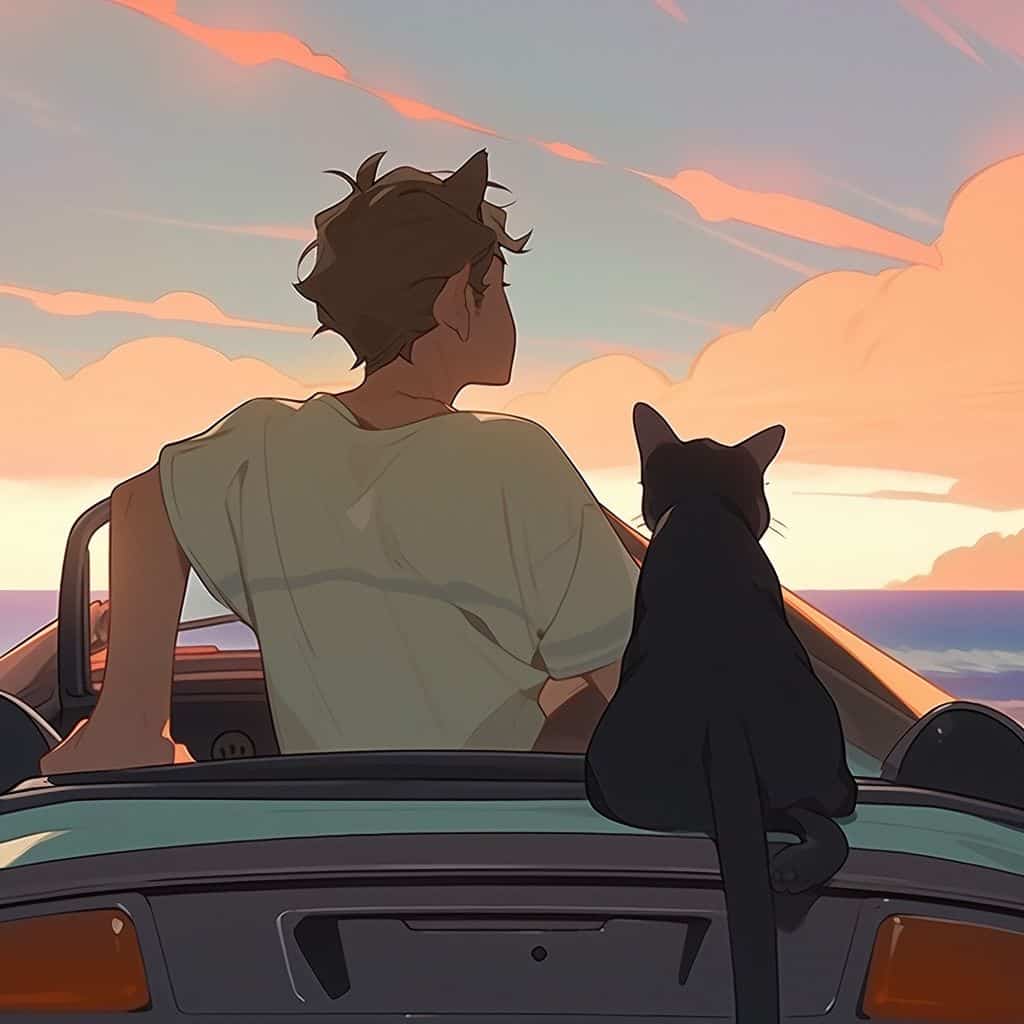 男孩女孩和猫动漫情侣头像 人和宠物Ai绘画头像_19