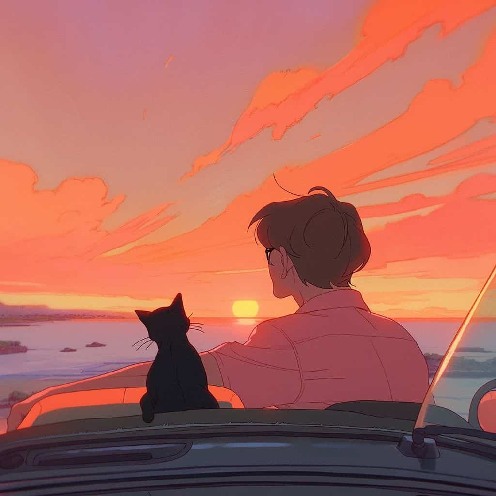 男孩女孩和猫动漫情侣头像 人和宠物Ai绘画头像_20