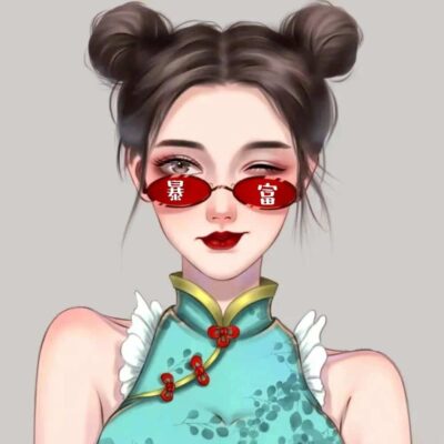 闺蜜一夜暴富有钱发财女生头像 手绘动漫戴眼镜女孩闺蜜头像