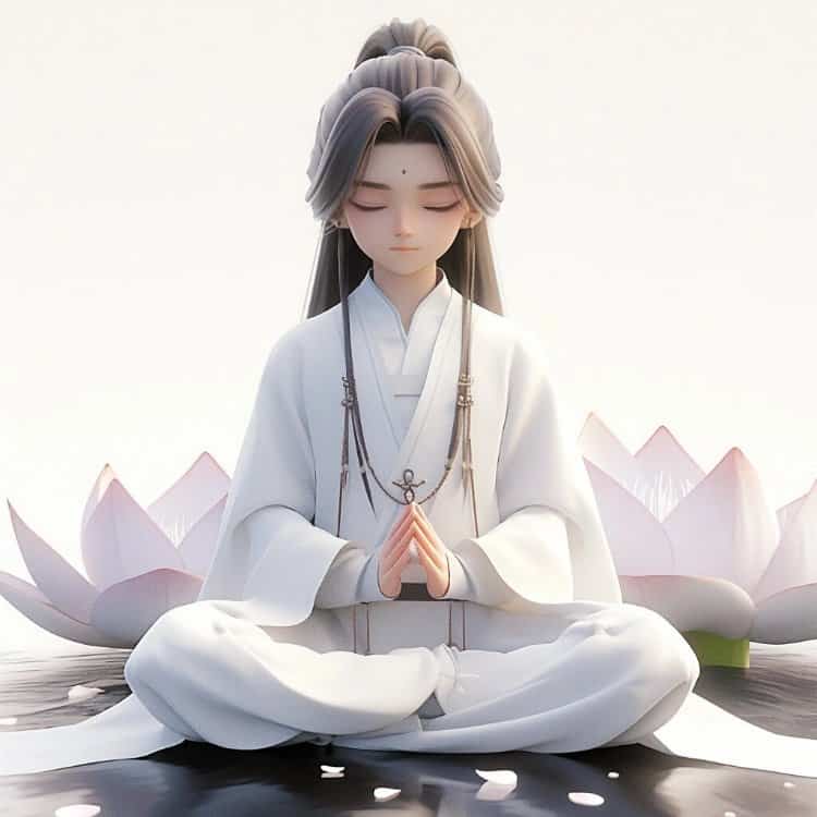 古装白衣男生在莲花旁打坐微信头像 清冷感国漫风AI古风优质男生头像_13