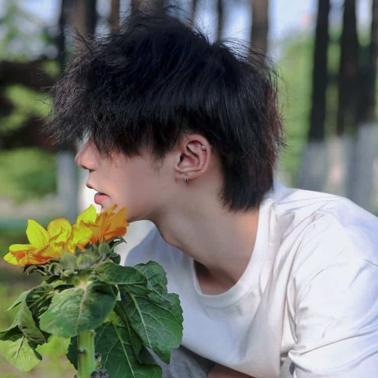 黑发白T男生手拿向日葵真人微信头像 好看清爽氛围感男生头像_4