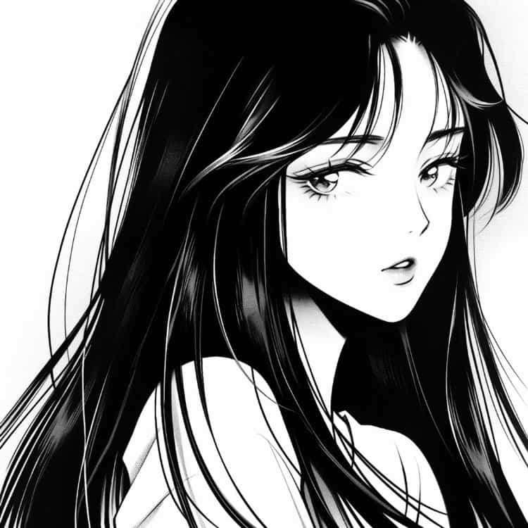 冷酷霸气的黑白系列动漫女头 简单手绘长发暗黑系女生头像_1