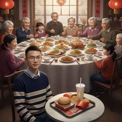 Ai生成一家人吃年夜饭户晨风吃麦当劳薯条可乐汉堡