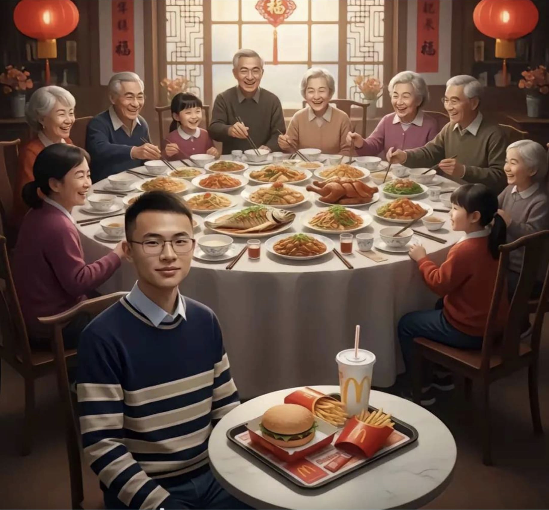 Ai生成一家人吃年夜饭户晨风吃麦当劳薯条可乐汉堡_1