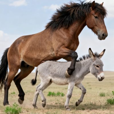 一头高大的雄马爬上一头小毛驴图片