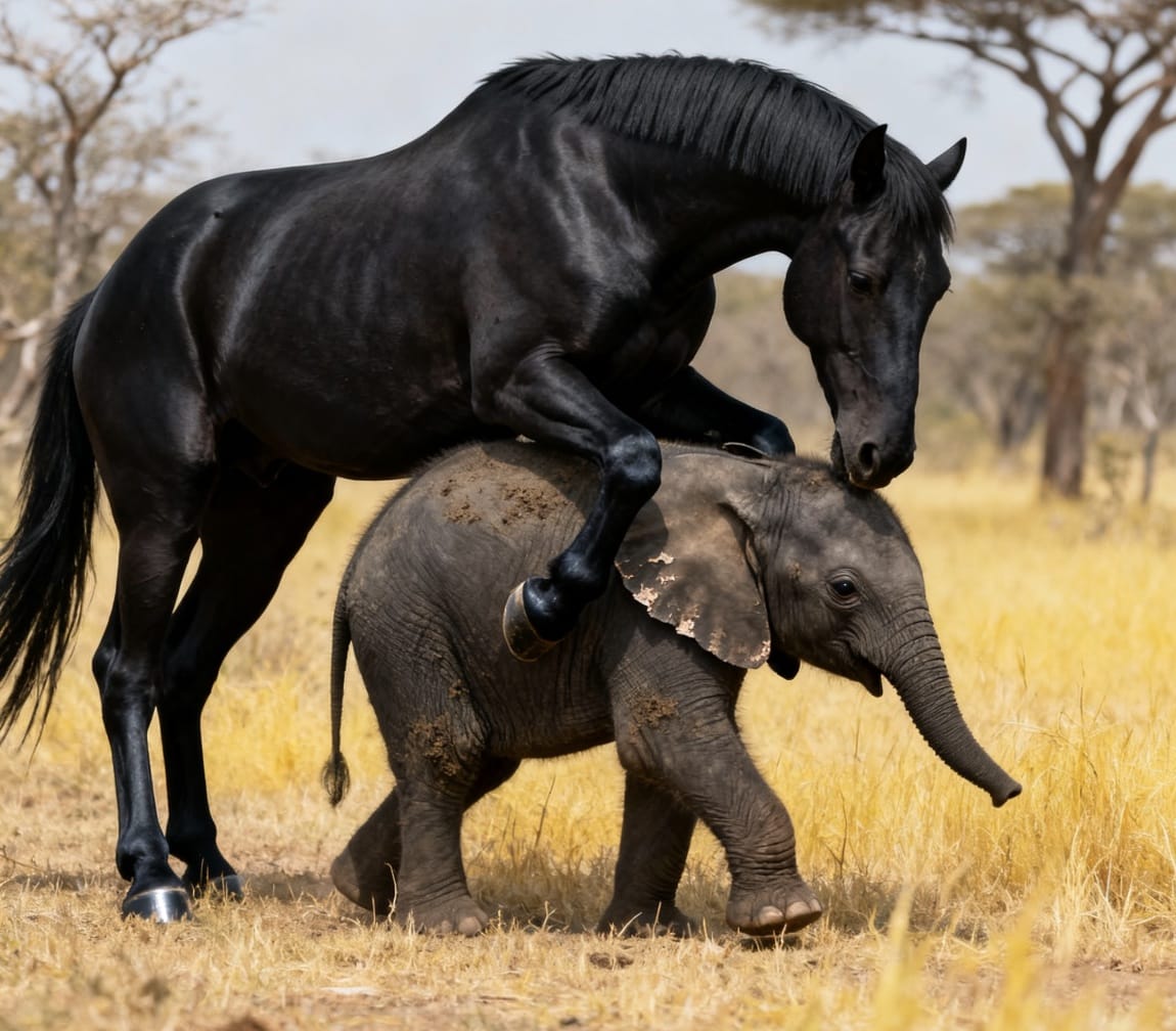 一只高大的雄马爬到了一只矮小的大象身上要交配的图片！_1