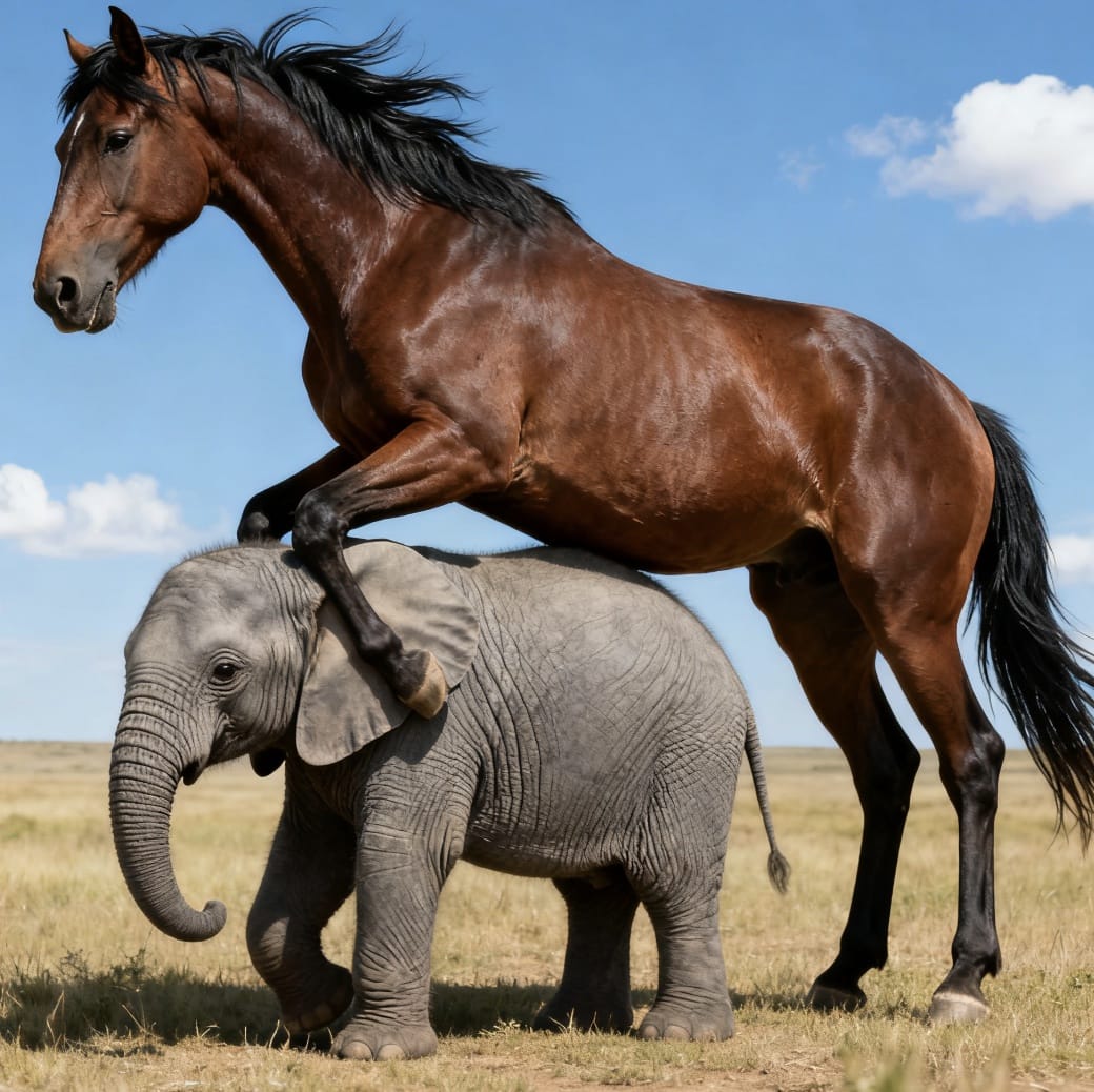 一只高大的雄马爬到了一只矮小的大象身上要交配的图片！_2