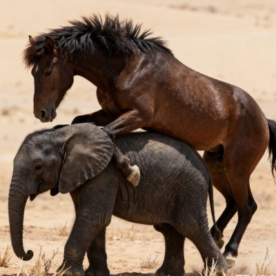 一只高大的雄马爬到了一只矮小的大象身上要交配的图片！