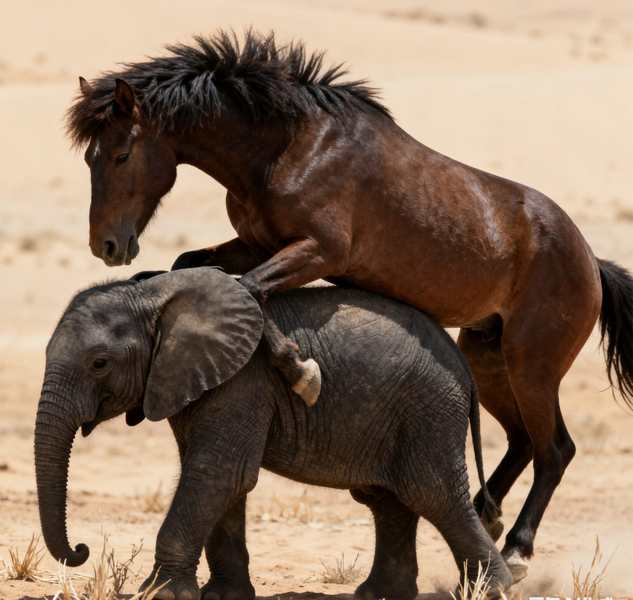 一只高大的雄马爬到了一只矮小的大象身上要交配的图片！_4