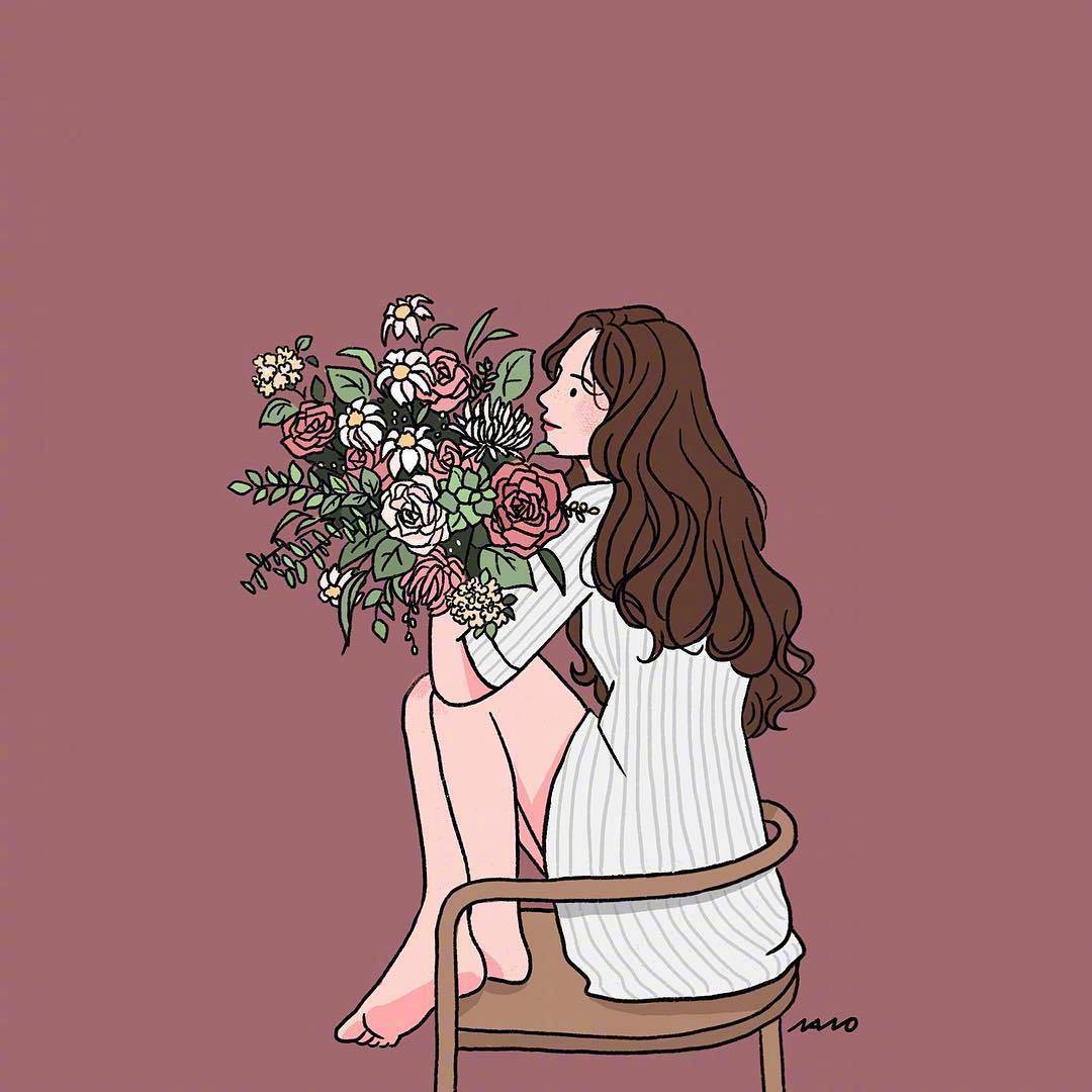 女生手捧花气质文艺卡通头像_7