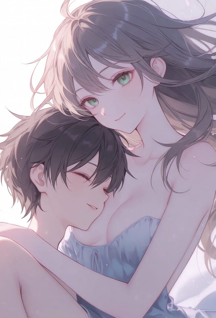 男生依偎在女生的怀里贼温馨,动漫二次元女生用胸闷男生的头_1