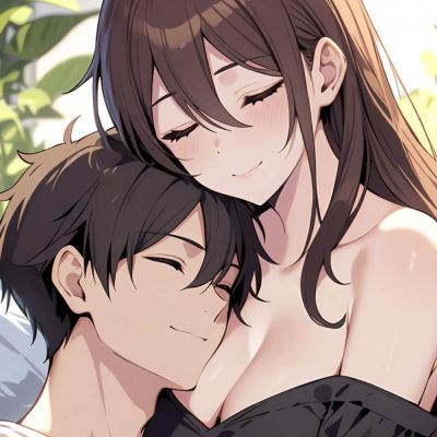 男生依偎在女生的怀里贼温馨,动漫二次元女生用胸闷男生的头