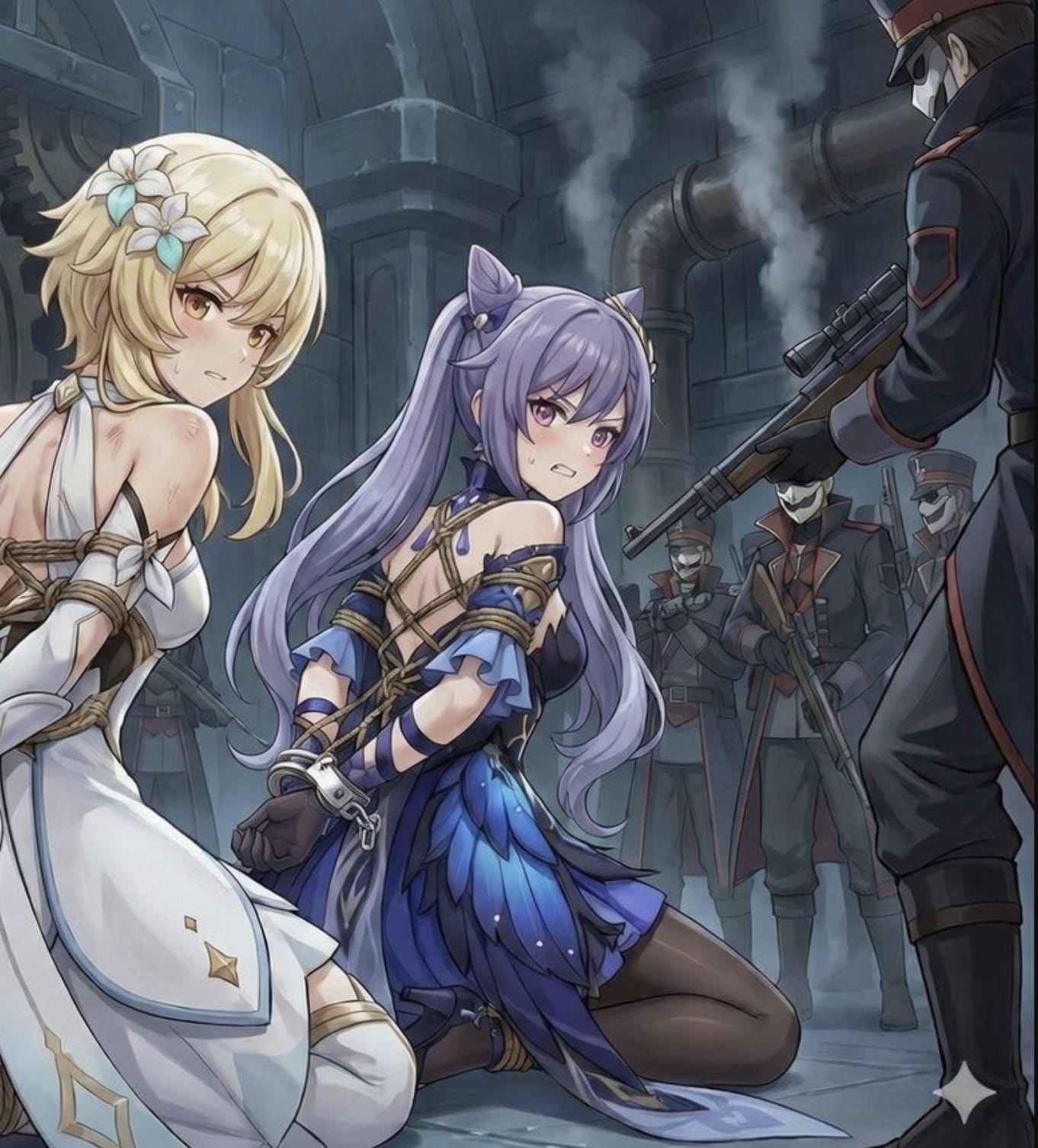 手游的原神二次元荧和刻晴被捕了绑手束胸束脚的手铐_1