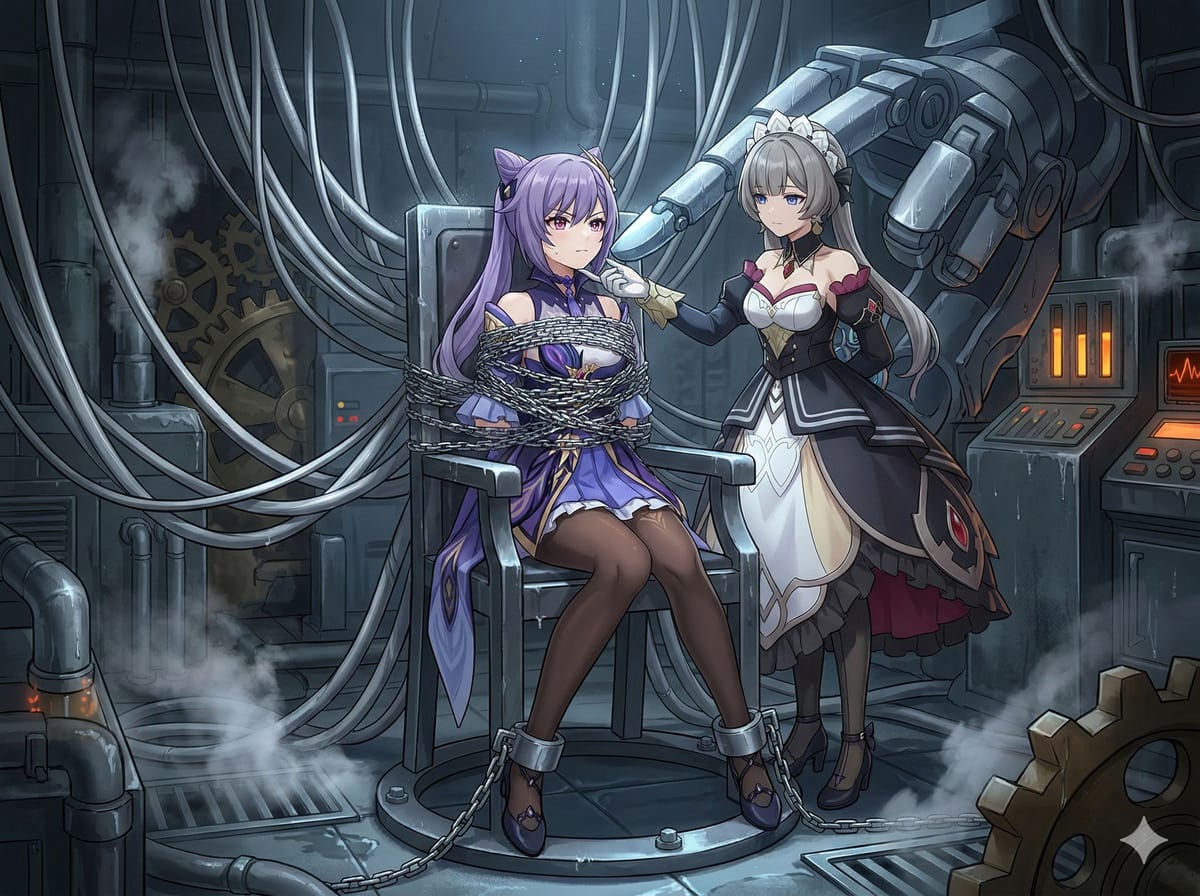 手游的原神二次元荧和刻晴被捕了绑手束胸束脚的手铐_3