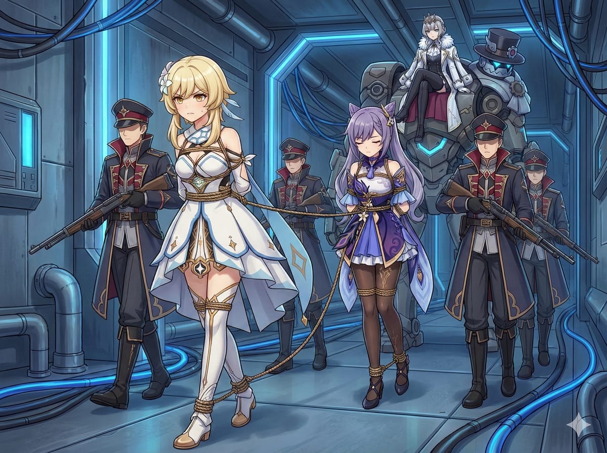 手游的原神二次元荧和刻晴被捕了绑手束胸束脚的手铐_2