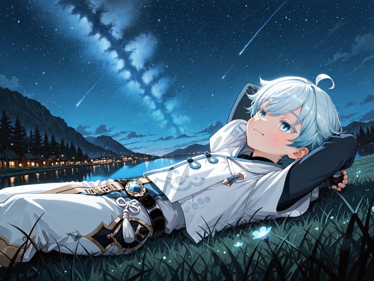 原神重云躺在湖边草地上仰望流星雨 星空银河夜景动漫风插画_1