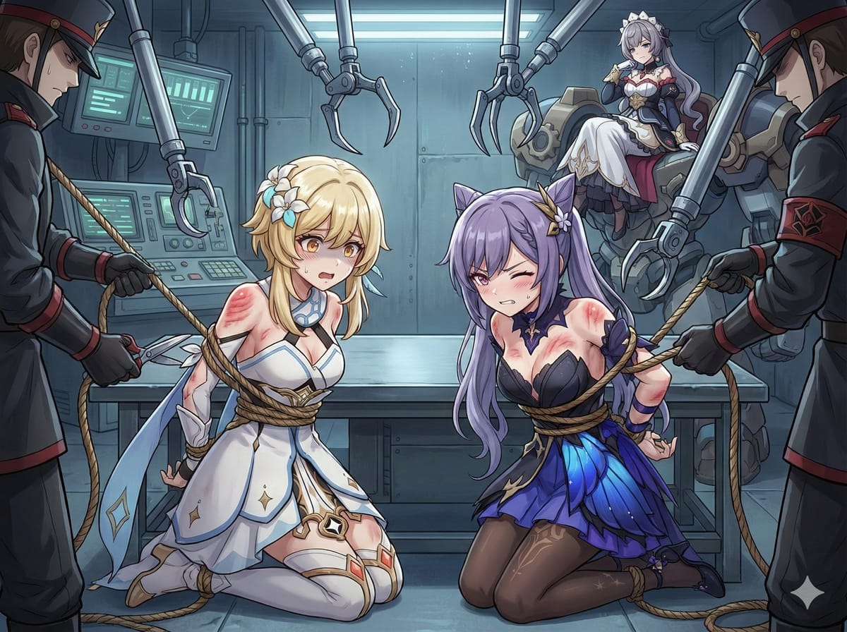 手游的原神二次元荧和刻晴被捕了绑手束胸束脚的手铐_4