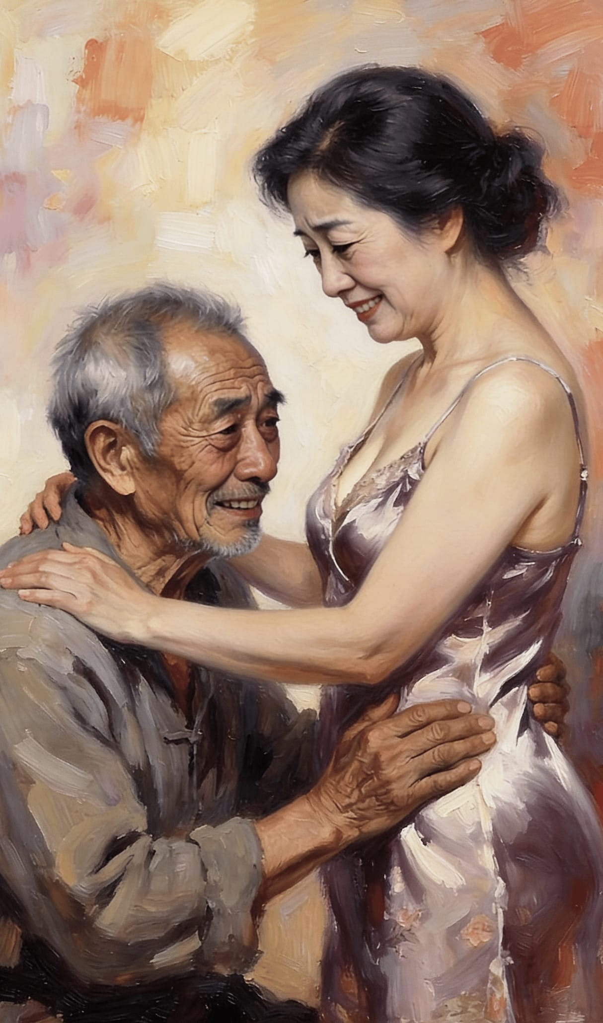 老头打工一天回家就饿了要吃的,老头跪在两腿之间吃奶_2